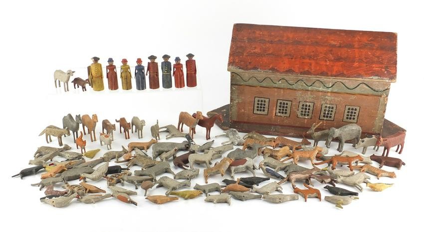 19th century hand painted wooden Noah's Ark with a