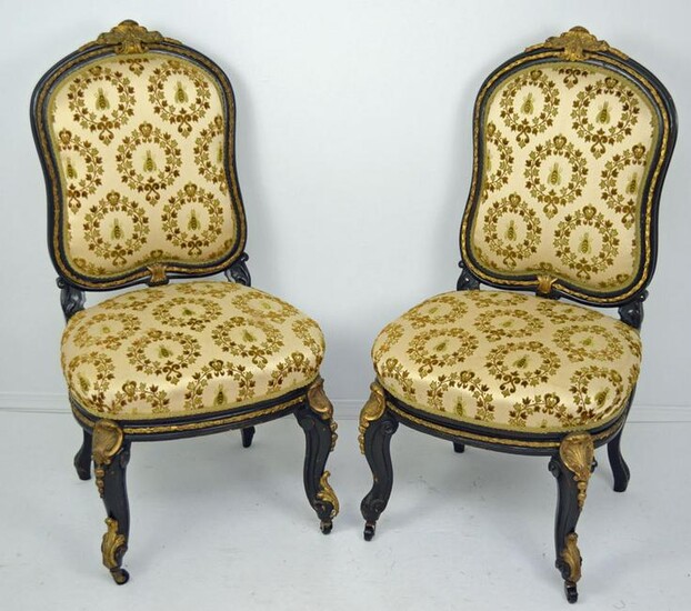 2 Antique Louis XIV Style Ebonized & Ormolu Side Chairs