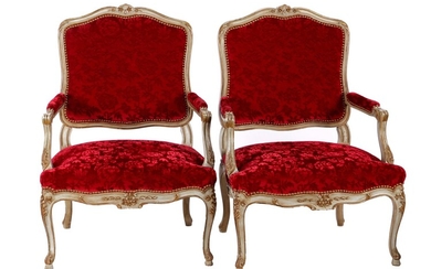 (-), 2 Louis Quinze style armchairs with polychrome...