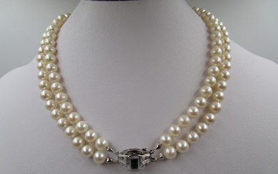 2 reihen Collier - 14 kt. Akoya pearls, White gold, Ø 7 mm - Necklace - 0.44 ct Tourmaline - Diamonds