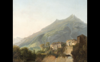 Marco Gozzi ( San Giovanni Bianco 1759 - Bergamo 1839 ) , "Isola di Fondra in Val Brembana" c.1831 olio su tela (cm 60x44) Bibliografia: C.Pirovano "Lombardia. Il territorio, l'ambiente, il paesaggio"...
