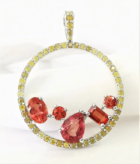 2.72 ct orange red sapphire & 0.77 ct fancy vivid yellow diamonds designer halo pendant - 14 kt. White gold - Pendant Sapphire - Diamonds, GWLAB Certified No Reserve