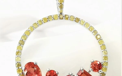 2.72 ct orange red sapphire & 0.77 ct fancy vivid yellow diamonds designer halo pendant - 14 kt. White gold - Pendant Sapphire - Diamonds, GWLAB Certified No Reserve