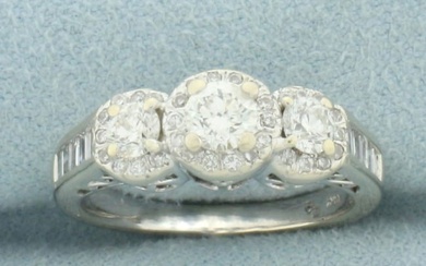 3-Stone Diamond Halo Engagement or Wedding Ring in 14k White Gold