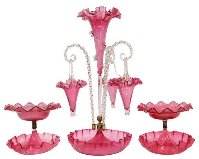 (3) VICTORIAN GLASS EPERGNE & COMPOTE GARNITURES