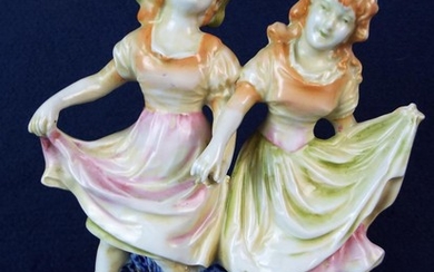 1950's era continental slipware figurine of two girls. 7 inches tall.