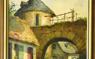 20th C. Oil Painting European Village Scene Signed