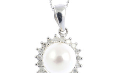 A 9ct gold pearl and diamond cluster pendant, with a chain.