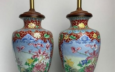 A PAIR OF ANTIQUE CHINESE ENAMEL LAMPS ON COPPER