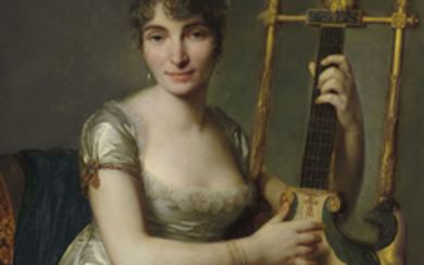 ANTOINE VESTIER (AVALLON, YONNE 1740 - 1824 PARIS), Portrait de Madame Larmoyer, de trois-quart, tenant une lyre-guitare