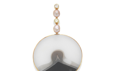 A carved agate, cultured pearl and diamond pendant,, by Grima, 1991