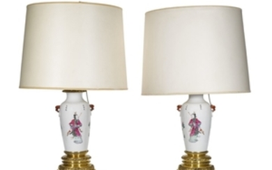 A pair of Chinese export famille-rose porcelain vases, mounted as lamps, Qing dynasty, late 19th century