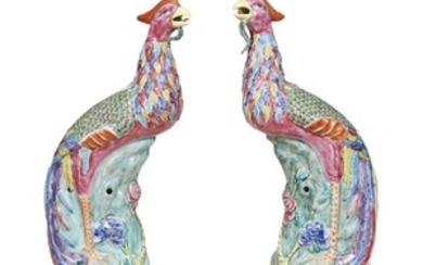 A pair of Chinese export porcelain polychrome phoenixes late...