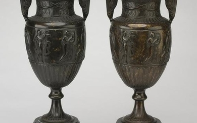 (2) Classically inspired patinated bronze vases