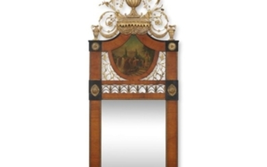A Continental Neoclassical parcel-gilt and parcel-ebonized walnut looking glass...