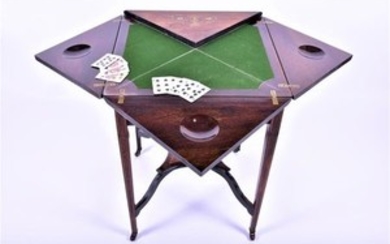 An Edwardian inlaid rosewood envelope card table the four leaves with satinwood cross banding and foliate scroll inlay,...