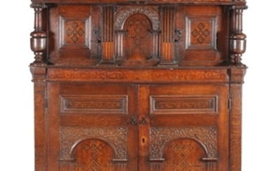 An English oak, parquetry and marquetry court cupboard, 17th century