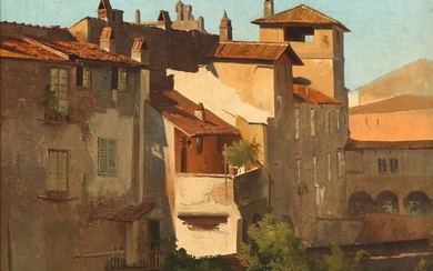 Frederik Rohde: A study from Via Babuino in Rome. Signed and dated on a label on the stretcher Fr. Rohde 1845. Oil, pencil on paper laid on canvas. 36×38 cm.