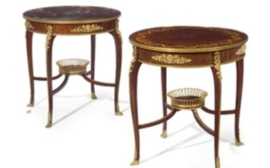 A FRENCH ORMOLU-MOUNTED KINGWOOD, BOIS SATINE, MAHOGANY AND STAINED FRUITWOOD MARQUETRY AND PARQUETRY GUERIDON, IN THE MANNER OF FRANCOIS LINKE, LATE 19TH/EARLY 20TH CENTURY