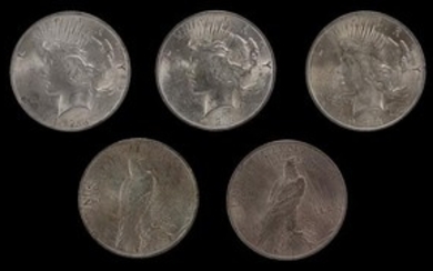 A Group of Five United States 1923 Peace Silver Dollar Coins