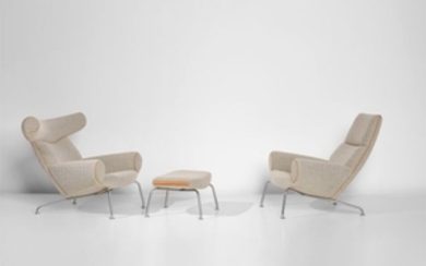 Hans J. Wegner, Two 'Ox' lounge armchairs, model nos. AP-46 and AP-47, and footstool, model no. AP-49