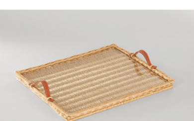 HERMS PARIS Food tray in wicker and natural cowhide Cover...