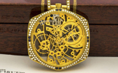 IWC REF. 5217 SKELETON YELLOW GOLD DIAMONDS AND SAPPHIRES A very fine and rare manual-winding 18K yellow gold diamond and sapphire-set pocket watch.
