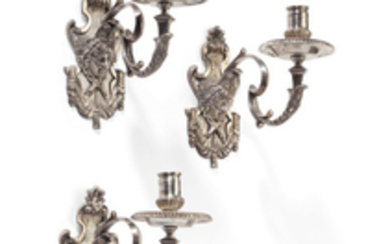 A NEAR SET OF FOUR CONTINENTAL SILVER WALL LIGHTS, PROBABLY FRENCH, 19TH CENTURY