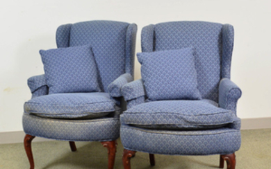 Pair of Queen Anne-style Upholstered Cherry Wing Chairs