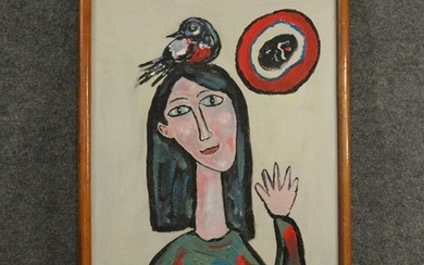 R. Monti, Mid-Century Abstract Girl with Bird on Head