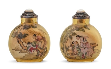 RARE PAIR OF EROTIC INTERIOR PAINTED GLASS SNUFF BOTTLES By Li Shouben. In flattened ovoid form. Light amber glass bodies with intim...