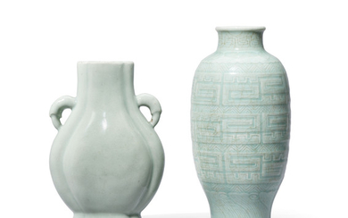 A RU-TYPE LOBED PEAR-SHAPED VASE AND A CELADON-GLAZED ‘TRIGRAM’ VASE, QIANLONG SEAL MARKS IN UNDERGLAZE BLUE AND OF THE PERIOD (1736-1795)