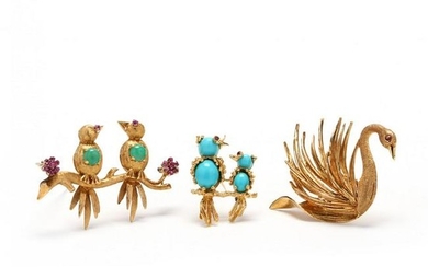 Three 18KT Gold and Gemstone Whimsical Brooches