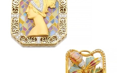 TWO ENAMEL AND DIAMOND BROOCHES | MASRIERA