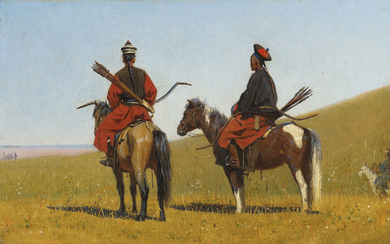 Vasily Vereshchagin (1842-1904), Two Chinese horsemen on the steppe