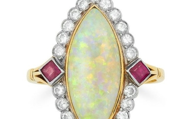 VINTAGE OPAL, DIAMOND AND RUBY CLUSTER RING set with a