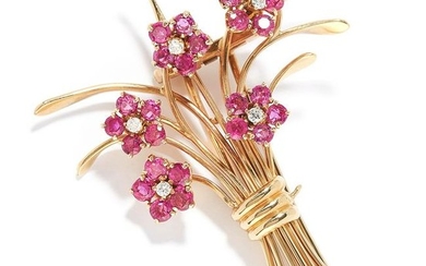 VINTAGE RUBY AND DIAMOND FORGET ME NOT FLOWER BROOCH