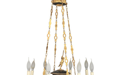 A French late 19th century gilt and patinated metal eight light colza-type chandelier