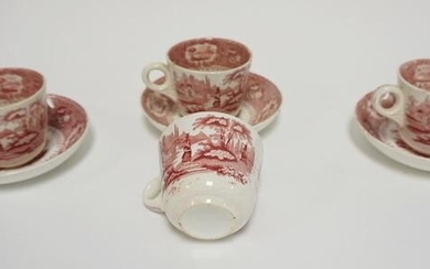 4 EARLY RED TRANSFER CUPS W/ 3 SAUCERS
