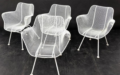 4 RUSSELL WOODARD Wire Mesh Arm Chairs. Painted white.