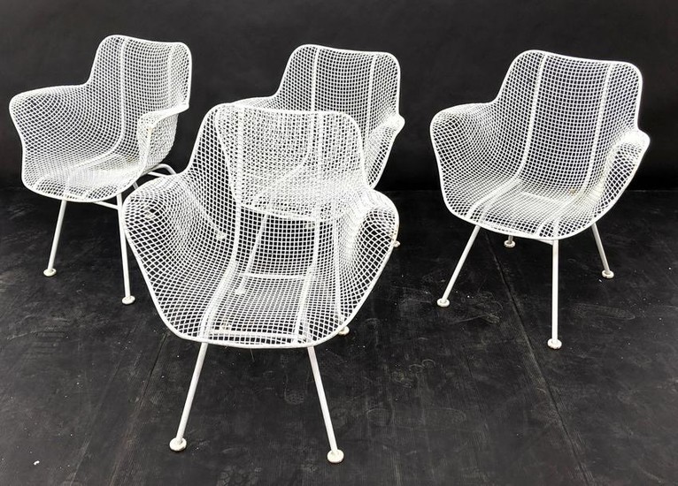 4 RUSSELL WOODARD Wire Mesh Arm Chairs. Painted white.