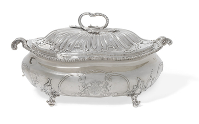 A GEORGE III SILVER SOUP TUREEN AND COVER, MARK OF THOMAS HEMING, LONDON, 1767; THE LINER WITH MARK OF JOHN MORTIMER AND JOHN SAMUEL HUNT, LONDON, 1842