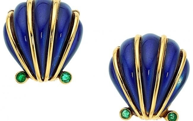 55037: Emerald, Enamel, Gold Earrings, Schlumberger for