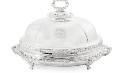 A Georgian silverplate footed meat dish and dome