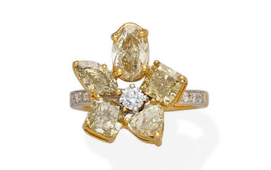 A colored diamond, diamond and 18k gold ring
