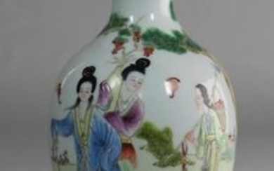 A Chinese polychrome baluster vase painted with ladies in a garden, character mark to base, 18cm.