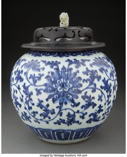 78037: A Chinese Blue and White Jar with Jade Finial 8