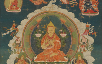 A thangka of Tsongkhapa emanating from Maitreya