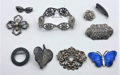 9 Assorted Sterling Silver Brooches 1 Sterling Bracelet