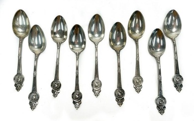 9 Gorham Sterling Silver Medallion Teaspoons, Late 19th Century
